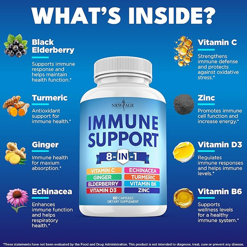 8 in 1 Immune Support Booster Supplement with Echinacea Vitamin C and Zinc 50mg Vitamin D 5000 IU Turmeric Curcumin &amp Ginger B6 Elderberry (8 in 1 Capsules (Pack of 3))