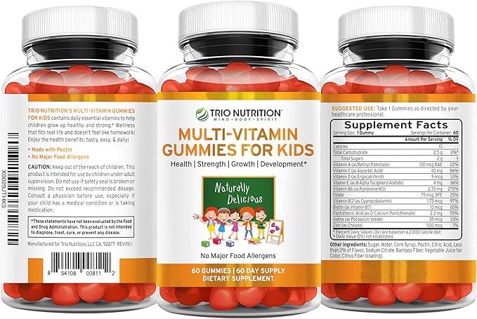 TRIO NUTRITION Premium Kids Multivitamin Gummies with Vitamin C &amp Zinc for Immune &amp Energy Support | Complete Daily Essential Vitamins to Grow Up Strong| Pectin Animal-Free Allergen-Free*