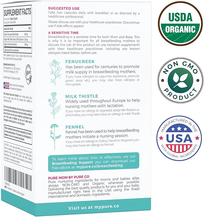 USDA Organic Lactation Supplement - Increase Milk Supply with Herbal Breastfeeding Support - Aid for Mothers - Organic: Fenugreek Seed Fennel &amp Milk Thistle - 60 Vegan Capsules (No Pills or Cooki