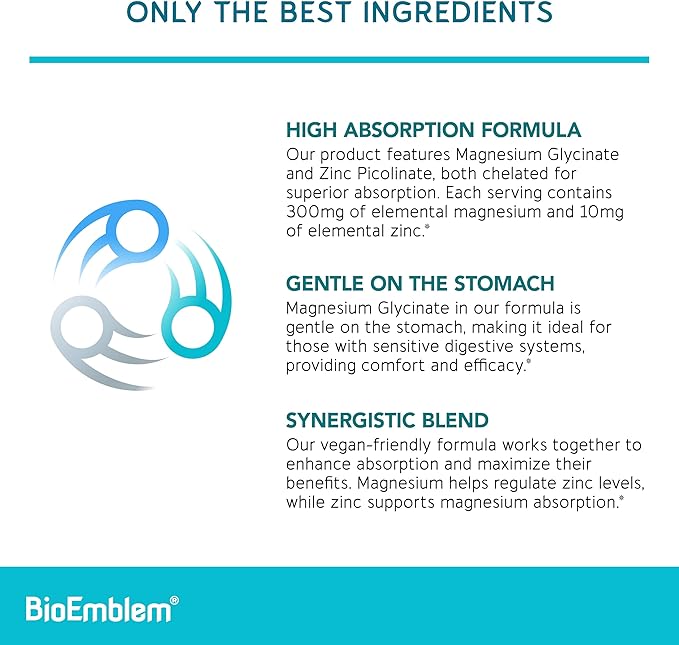 BioEmblem Triple Magnesium Complex and Magnesium glycinate with Zinc for Brain Health Enzyme Function and Muscles and Legs
