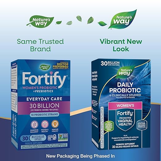Nature's Way Fortify Daily Probiotic for Women 30 Billion Live Cultures 10 Strains Prebiotics Supports Digestive &amp Immune Health* No Refrigeration Required 30 Capsules (Packaging May Vary)