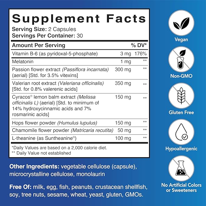 Patient One Sleep Care | Supplement to Support Transition into Sleep and Restful Sleep* | with Chamomile Valerian Melatonin and More | 60 Capsules