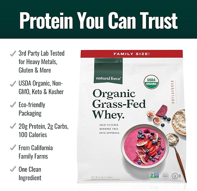 Natural Force Grass Fed Organic Whey Unflavored A2 Protein Powder 5 LB Clean Marine Collagen Powder 11.7 OZ