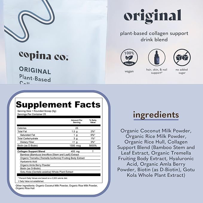 Copina Co. Original Vegan Collagen Booster Creamer Mix: Plant Based Collagen Support Smoothie Drink Vegan Creamy Blend | Original Flavor | 3 Bags - 25 Servings per Bag