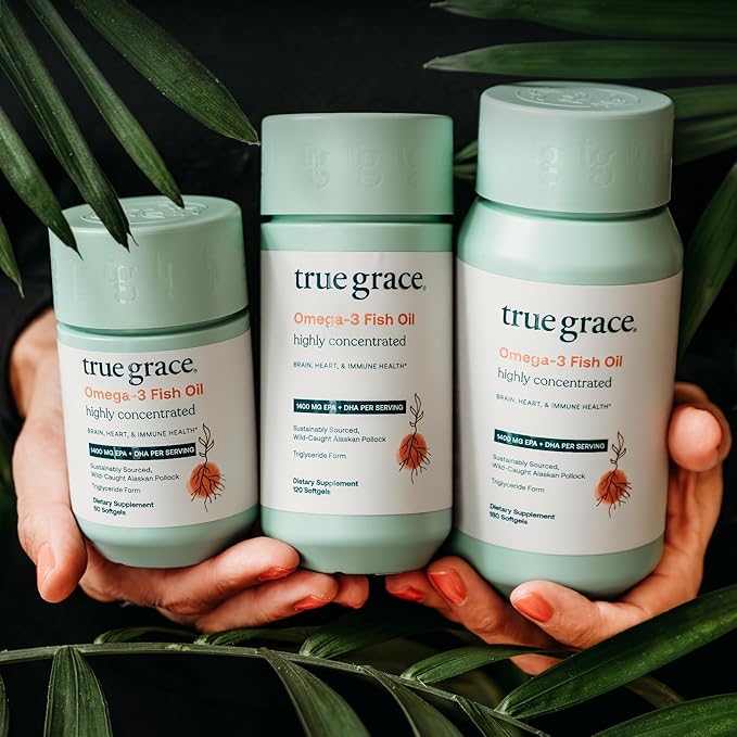 True Grace Omega-3 Fish Oil - 180 Softgels - 1400 mg EPA + DHA - Brain Heart Joint &amp Immune Health - Organic Gluten Free Soy Free