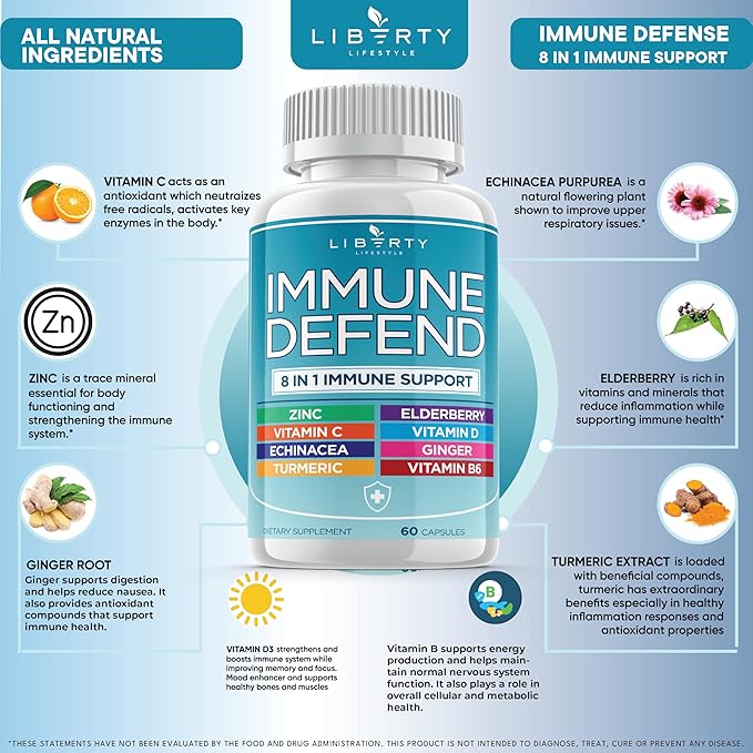 8 in 1 Immune Supplement with Echinacea Vitamin C and Zinc 50mg Vitamin D 5000 IU Turmeric Curcumin &amp Ginger B6 Elderberry 60 Capsules