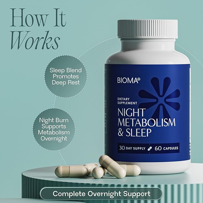 BIOMA Night Metabolism &amp Sleep - Supports Digestion Energy Metabolism &amp Restful Sleep with Melatonin Vitamin D Magnesium &amp More - 60 Capsules (30-Day Supply)