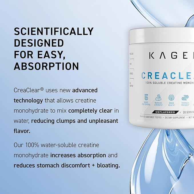 Kaged CreaClear Creatine Monohydrate Powder | Mixes Clear &amp Dissolves Completely No Grit | Premium Micronized Creatine for Strength Performance &amp Muscle Support | Unflavored | 100 Servings