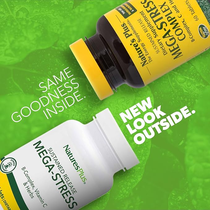 NaturesPlus Mega-Stress Complex - 60 Sustained Release Tablets - B Complex Vitamin C Supplement with Chamomile &amp Herbs for Natural Calm - Gluten Free - 60 Servings