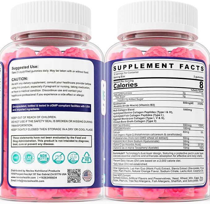 NEVISS Nicotinamide 500mg Gummies Niacinamide Supplement with Collagen Peptides (Flush Free Niacin) Vitamin B3 Niacinamide for Anti-Aging NAD+ Levels Longevity Focus &amp Brain Sugar Free 60Ct