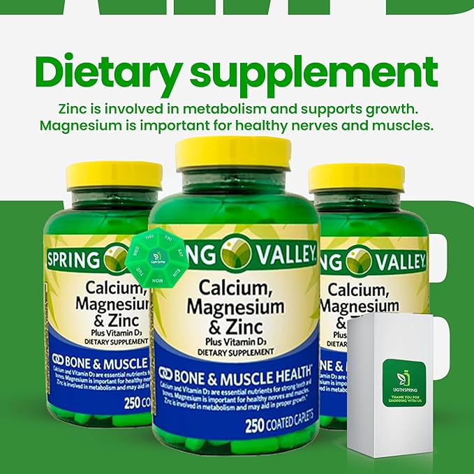 Calcium Magnesium Zinc &amp Vitamin D3 Dietary Supplement 250 Caplets (2 Pack) with Bundle Exclusive Better Ligth&ampSpring Guide + Weekly Pill Organizer (4 Items)