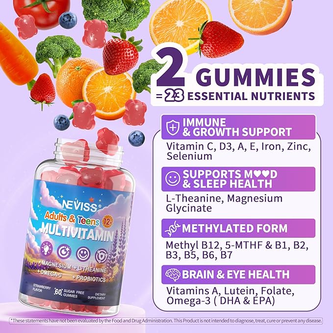 Teen Vitamins + Magnesium Glycinate for Boys Girls 12-17 Teens Methylated Multivitamin Gummies w/ Omega-3 L-Theanine for Teenager Kids Calm Focus Gummy Supplment 23-IN-1 Formula Sugar Free 120ct