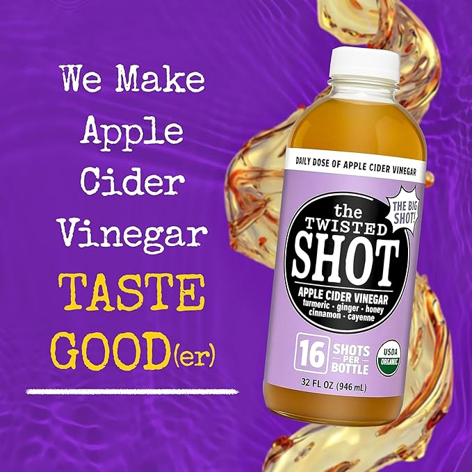The Twisted Shot | Organic Apple Cider Vinegar Wellness Shots with Ginger Turmeric Honey Cinnamon &amp Cayenne | Supports Digestion Immunity &amp Gut Health | 32 oz Bottle + Forty-Eight 2 oz Min