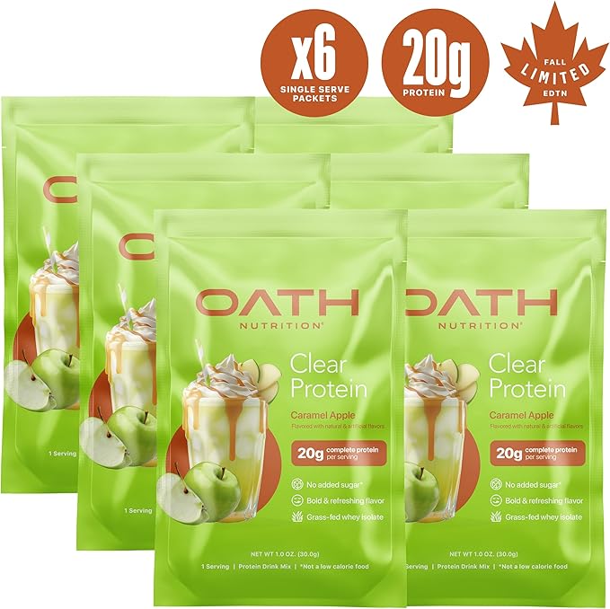 Oath Nutrition Clear Whey Isolate Protein Powder Caramel Apple 20g Complete Protein per Serving No Added Sugar Grass-Fed Single Serving (6 Count)