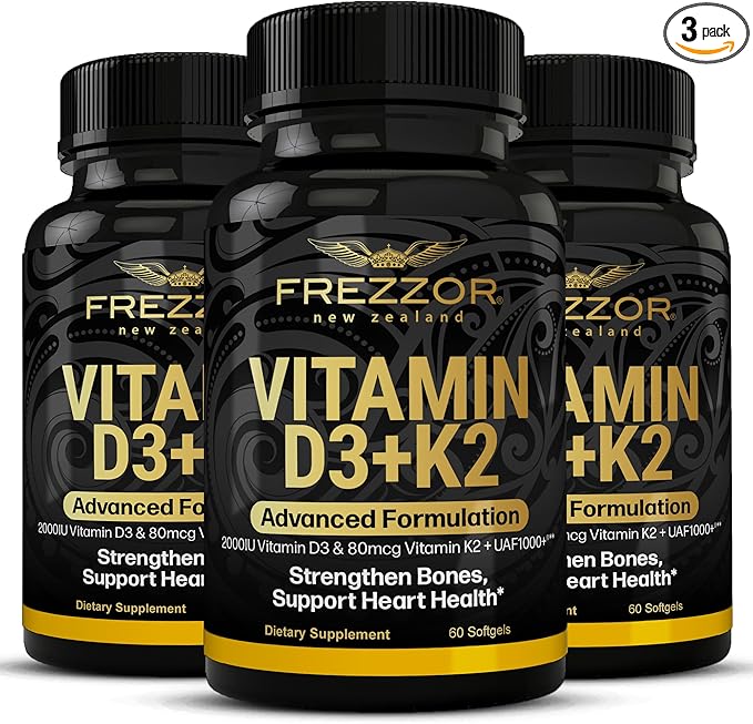 FREZZOR Vitamin D3 and K2 Caps High Potency D3 2000IU and K2 (MK7) 80mcg Unique VIT D3 from 100% New Zealand Sheep's Wool Lanolin180 Softgels 3 Month Supply