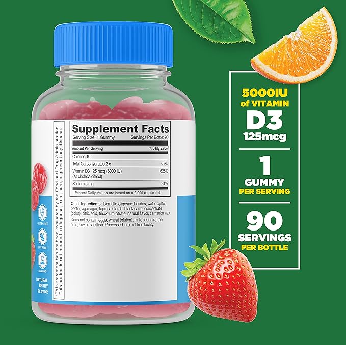 Lifeable Sugar Free Vitamin D 5000 IU + Vitamin C Gummies Bundle - Great Tasting Vitamin Supplement Gluten Free GMO Free Chewable Gummy