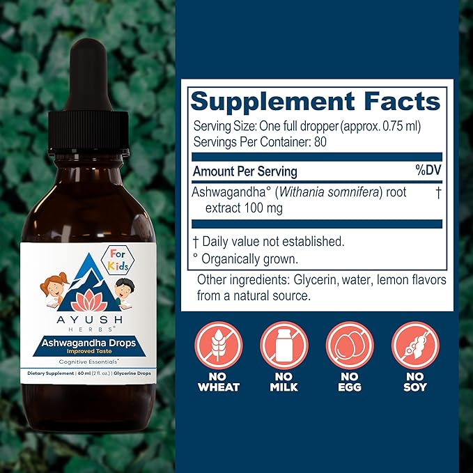 Ayush Herbs Ashwagandha Drops for Kids &amp Adults - Alcohol-Free Ashwagandha Drops Calming Daily Supplement for Calm Focus with Organic Ashwagandha Lemon Flavor - 2 Fl Oz (80 Servings)