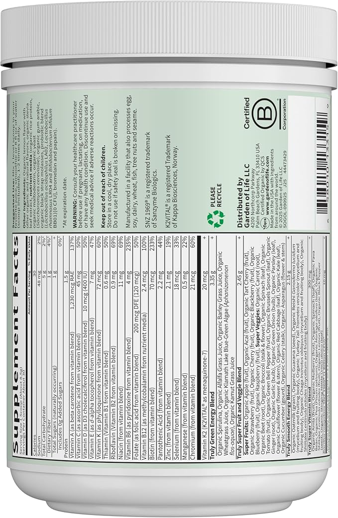Garden of Life Sport Nutrition Greens and Superfoods Powder for Women and Men - Unflavored Organic Blend - Spirulina Fruit Vitamins Pre &amp Probiotics Mushrooms Athletic Supplements 30 Servin