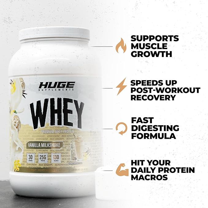 Huge Whey Protein Powder for Muscle Gain 25g Protein 12g EAAs Supports Muscle Growth Performance &amp Recovery (Vanilla Milkshake 30 Servings)