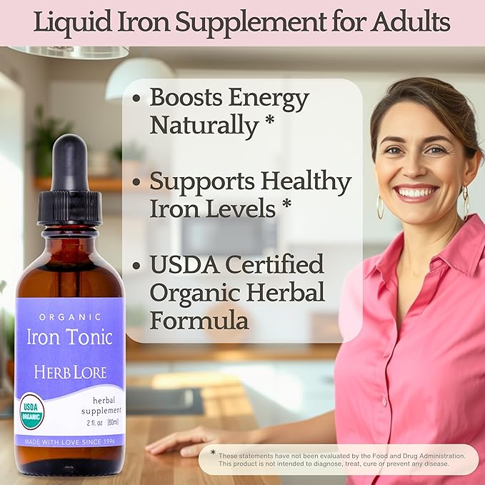 Herb Lore Organic Iron Tonic Tincture – Liquid Iron Drops for Women and Men – Non Constipating Easy on Stomach Plant Based Vegan &amp Alcohol Based (2 fl oz)