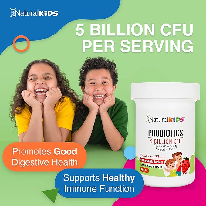 NaturalSlim Kids Probiotics for Digestive &amp Gut Health Immune Support 5 Billion CFU with LGG BB-12 &amp 4 Probiotic Strains 35 mg Calcium for Children Ages 3+ Strawberry Flavor 60 Chewable