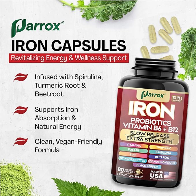 Iron Supplement Slow Release Iron Probiotics Spirulina Turmeric Vitamin B6 Methylated B12 Vitamin C Zinc Beetroot Nettle Leaf Dandelion Root Black Pepper Extra Strength 60 Capsules 2Pack