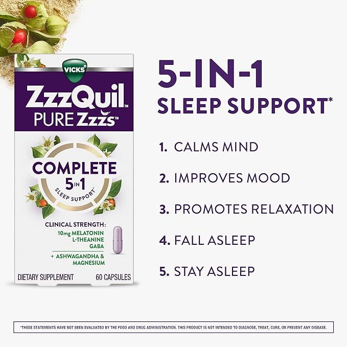 ZzzQuil Pure Zzzs Complete Sleep Melatonin 10mg L-Theanine GABA with Ashwagandha and Magnesium Melatonin Sleep Aid 60 Count