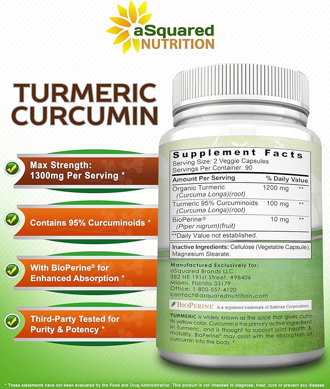 aSquared Nutrition Turmeric Curcumin 1300mg with BioPerine Black Pepper Extract - 180 Capsules - with 95% Curcuminoids 100% Natural Tumeric Root Powder Supplements Pure &amp Joint Stiffness Pills