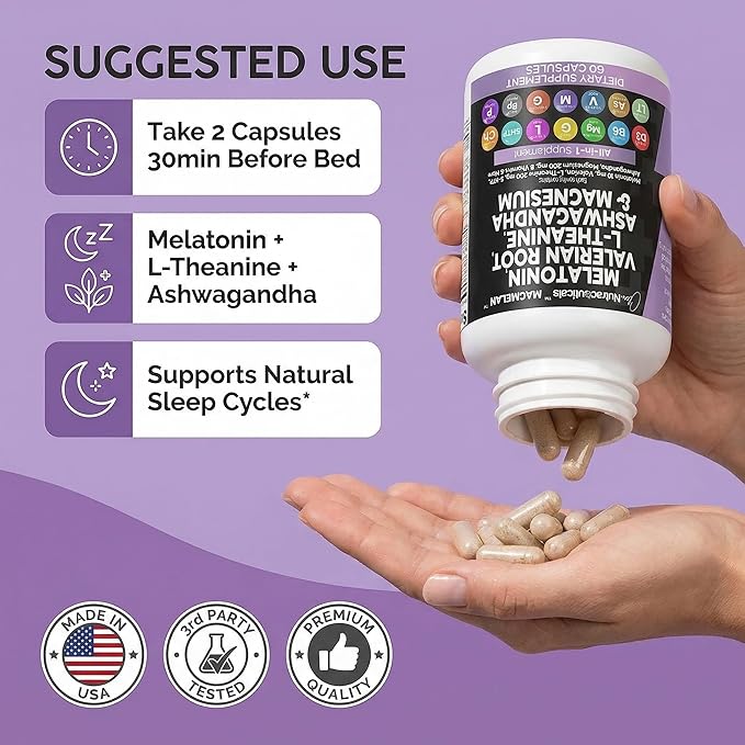 Clean Nutraceuticals Melatonin 10mg Valerian Root L Theanine 200mg Ashwagandha - Sleep Support for Women &amp Men with Magnesium Complex Lemon Balm Chamomile &amp Passion Flower - 60 Caps