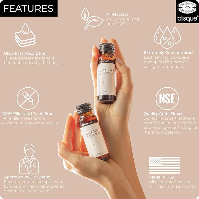 Blisque - Liquid Collagen Tri-Peptide Complex | with Biotin and Hyaluronic Acid | for Hair Skin and Nails | 10 Bottles | 10-Day Supply