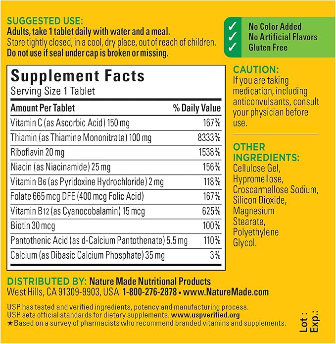 Nature Made Super B Complex with Vitamin C and Folic Acid Dietary Supplement for Cellular Energy Support 60 Tablets 60 Day Supply