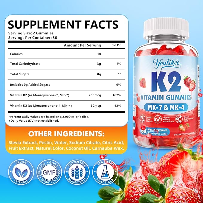 2 Pack Sugar-Free Vitamin K2 Gummies Dual Formula Vitamin K2 Supplement with MK-7 &amp MK-4 Supports Bone Health Gluten-Free Non-GMO Sugar-Free Strawberry Flavor 120 Gummies
