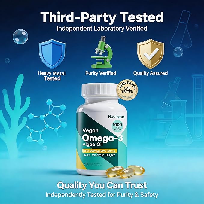 Vegan Omega-3 Algae Oil Supplement with DHA 300mg &amp EPA 150mg Plant-Based Omega-3 with Vitamin D3 &amp K2 Fish-Free Algal Oil Softgels for Men &amp Women 60 Softgels 30 Day Supply
