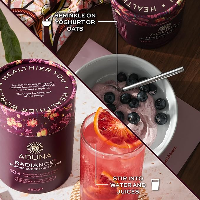 Aduna Organic Radiance Superfood Blend | 100% Natural Stir-in Blend With 10+ Superfoods for Skin Glow Collagen Support &amp Hormone Balance | Vegan Powder for Yogurt Juices &amp Smoothies | 250g