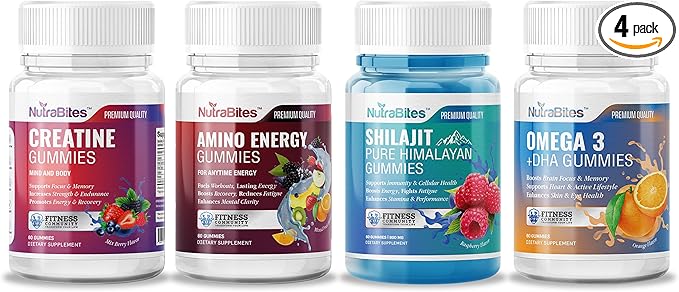 Energy Performance &amp Vitality Wellness Bundle - Creatine Amino Energy Shilajit and Omega 3 Gummies - Supports Strength Muscle Recovery &amp Stamina - 4-Pack for Active Lifestyles