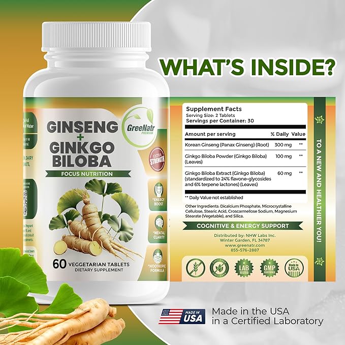 2-Pack Ginseng &amp Ginkgo Biloba Plus Magnesium Complex for Energy Boost and Support Muscle Function and Sleep