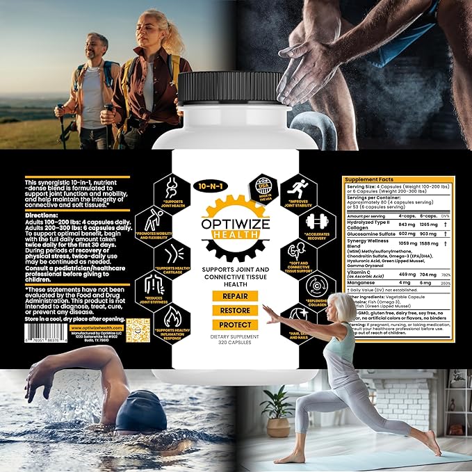 10-N-1 Joint Support Hydrolyzed CollagenMSM Hyaluronic Acid GlucosamineChondroitin &amp More- Targets Joint Discomfort Improves Mobility &amp Flexibility 320 Caps for Men &amp Women Made in US