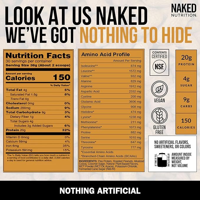 NAKED Shake - Chocolate Peanut Butter Protein Powder - Vegan Protein Powder from US &amp Canadian Farms with MCT Oil NSF Certified Gluten-Free Soy-Free No GMOs or Artificial Sweeteners - 30 Servi
