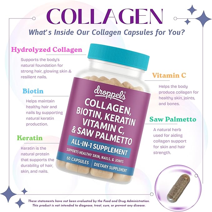 Droppels Collagen Capsules – Advanced Collagen + Biotin + Keratin + Vitamin C – Hair Skin Nails &amp Joints Support – 60 Count Dietary Supplement