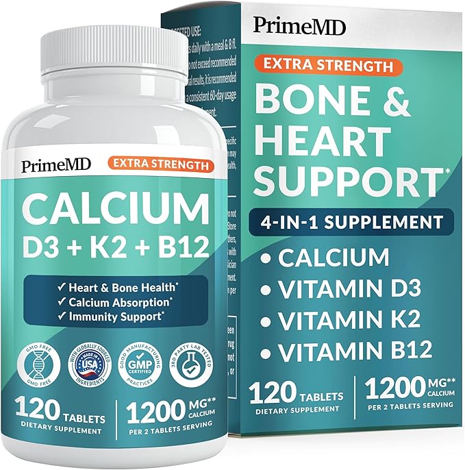 4-in-1 Calcium 1200 mg with Vitamin D3 Supplements for Women and Men - Calcium Extra Strength with Vitamin D3 K2 5000 IU Supplement1200 mg per Serving -Free - Vegan-Friendly (120 Count) (Pack of 1)