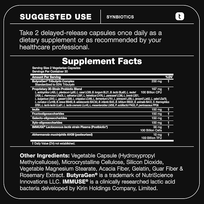 Toniiq Prebiotics and Probiotics – 200B TFU with Postbiotics IMMUSE® &amp ButyraGen® – 30 Strains – Shelf-Stable Synbiotic Formula – Third-Party Tested – 60 Capsules