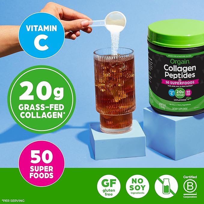 Orgain Hydrolyzed Collagen Powder + 50 Organic Superfoods For Women &amp Men 20g Grass Fed Collagen with Vitamin C Unflavored - Hair Skin Nail &amp Joint Support Supplement Non-GMO Type I &am