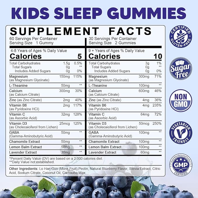 Kids Sleep Gummies Melatonin Free - with Magnesium Glycinate Lemon Balm L-Theanine &amp GABA - Calming Relaxation Support Natural Sleep Quiet Mind - Berry Flavor Non-Habit Forming