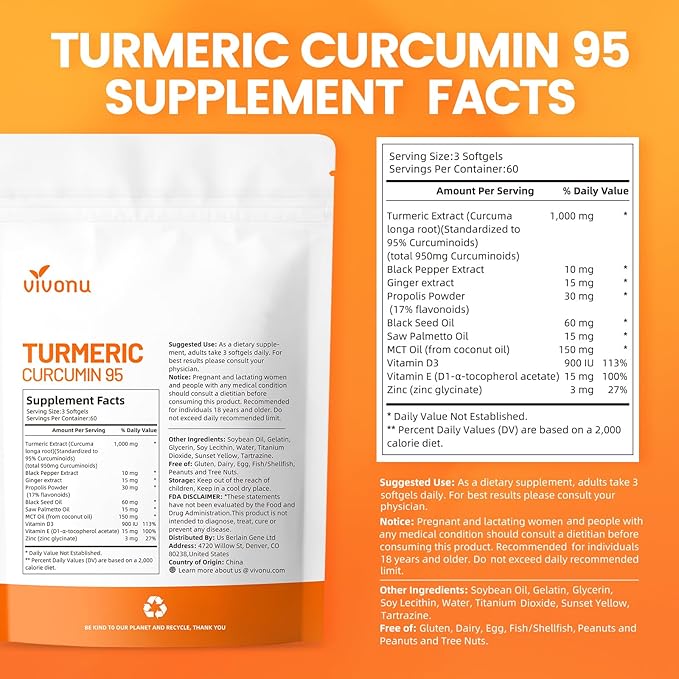 10-in-1 Turmeric Supplement Softgels 95% Curcumin for 1000mg Made Mct Oil 60-Day Supply with Black Pepper Ginger Propolis Powder Black Seed Oil Saw Palmetto Oil Zinc Vitamin D3 E More 4 Bag