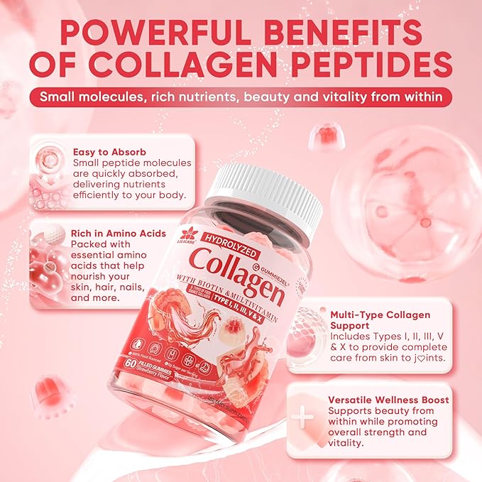 2Pack Sugar-Free Hydrolyzed Collagen Peptide Filled Gummies for Women &amp Men with 1500mg Protein Type IIIIIIVX 5000mcg Biotin Vitamin C A E D3 B6 B12 for Immune Digestion Skin Hair Nails Bon