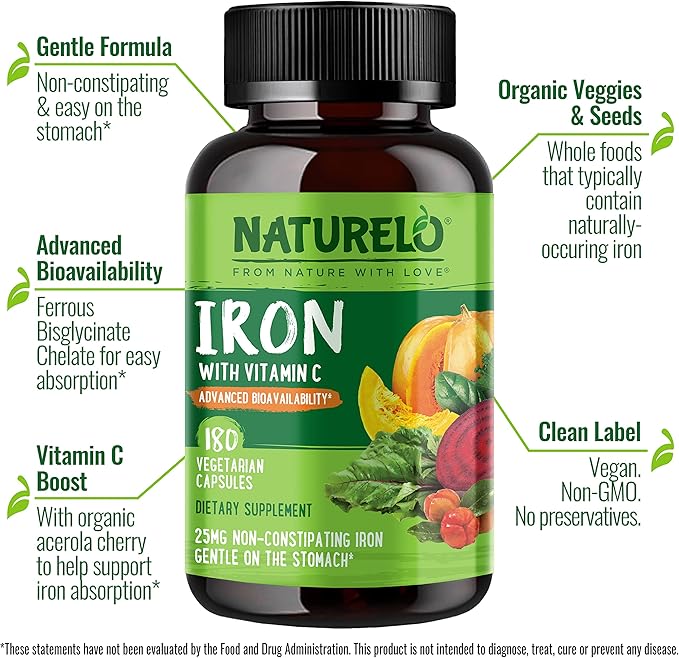NATURELO Vegan Iron Supplement with Vitamin C and Organic Whole Foods - Gentle Iron Pills for Women &amp Men with Iron Deficiency Including Pregnancy Anemia and Vegan Diets - 180 Mini Capsules
