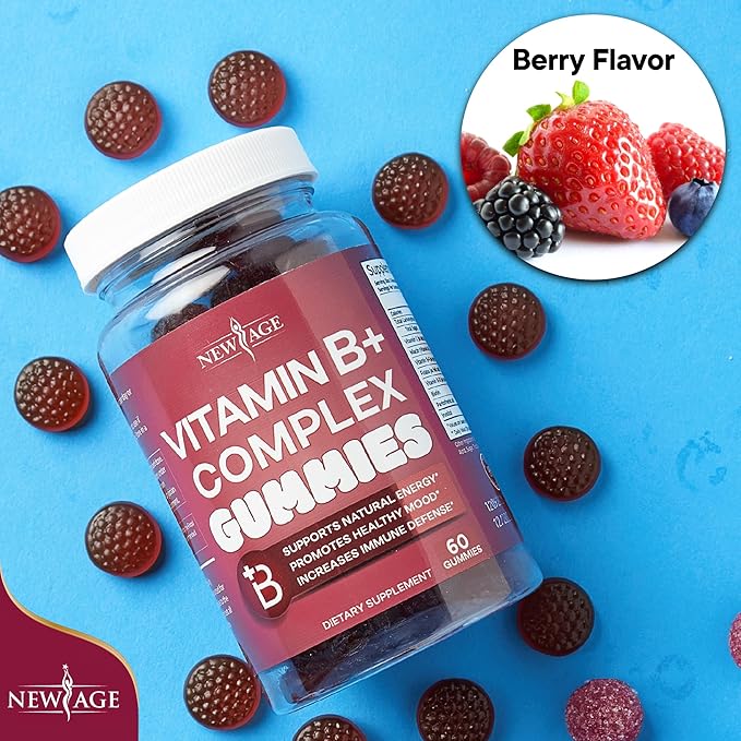 NEW AGE Vitamin B Complex Gummies with Vitamin B3 B6 &amp B12 – with Biotin Folic Acid &amp Vitamin C – Gluten-Free Vegan Made in The USA! (120 Count (Pack of 2))