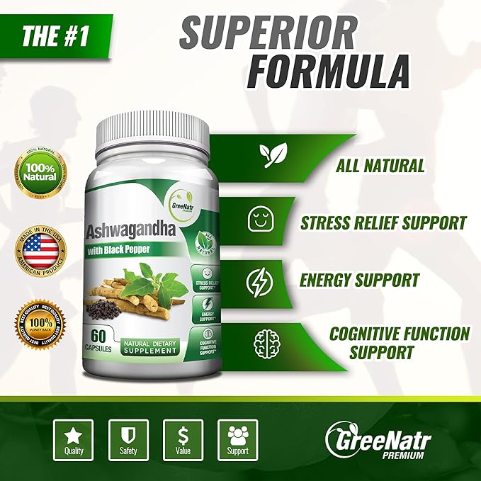 GreeNatr Pure Moringa Oleifera Leaf Extract Plus Ashwagandha with Black Pepper for Enhanced Absorption - Stress Relief Mood Enhancer with Energy and Cognitive Function Support