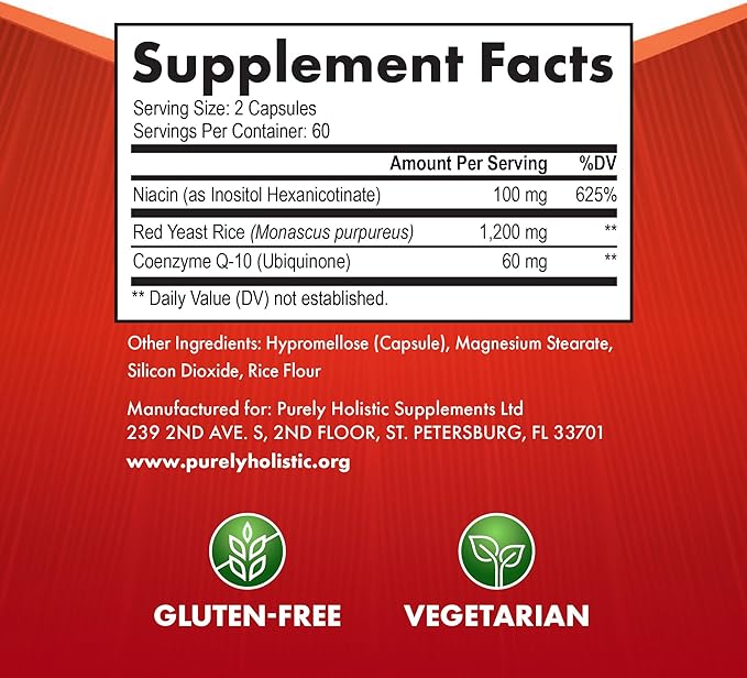 Red Yeast Rice with CoQ10 Supplement | Healthy Cholesterol Levels &amp Heart Health Support | Extra Strength Red Yeast Rice 1200 MG (600 MG Per Capsule) with Monakolin K | No Citrinin Non-GMO | 120