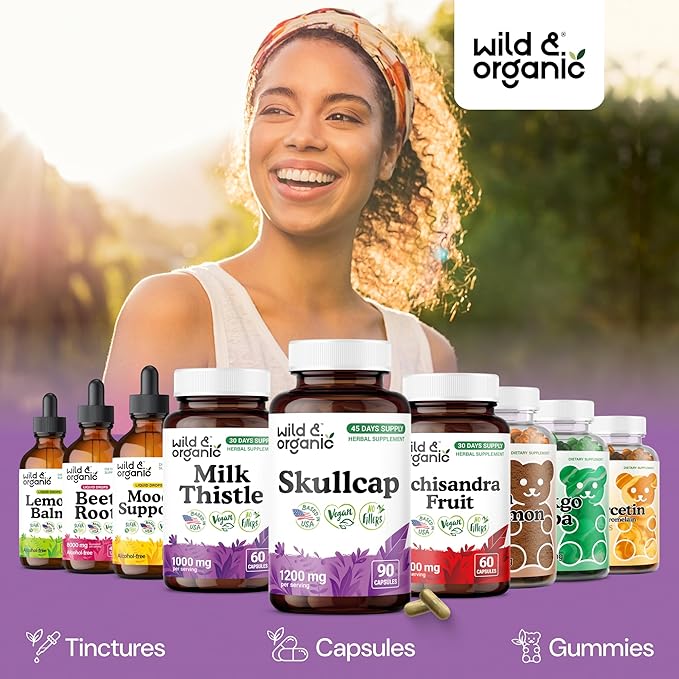 Wild &amp Organic Skullcap Capsules 1200 mg - Calming Skullcap Herb Supplement - 90 Capsules - Scutellaria Lateriflora Leaf Extract - 45 Days of Supply - Vegan No Fillers Non-GMO